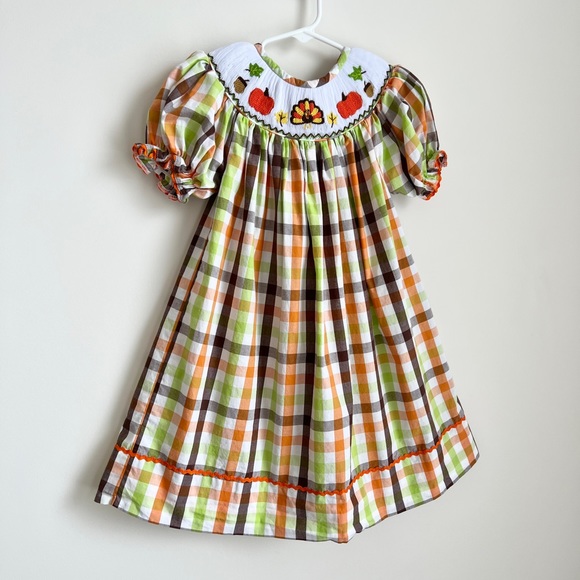Fall Thanksgiving Pumpkin Turkey Checkered 3T Smocked Dress - Picture 1 of 10